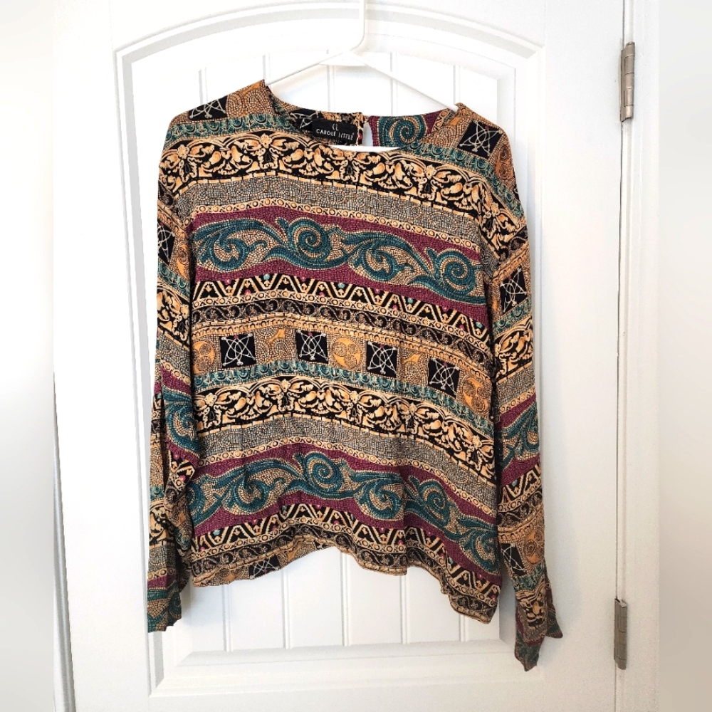 Vintage Carole Little Women's Mixed Print Long Sleeve Blouse Top